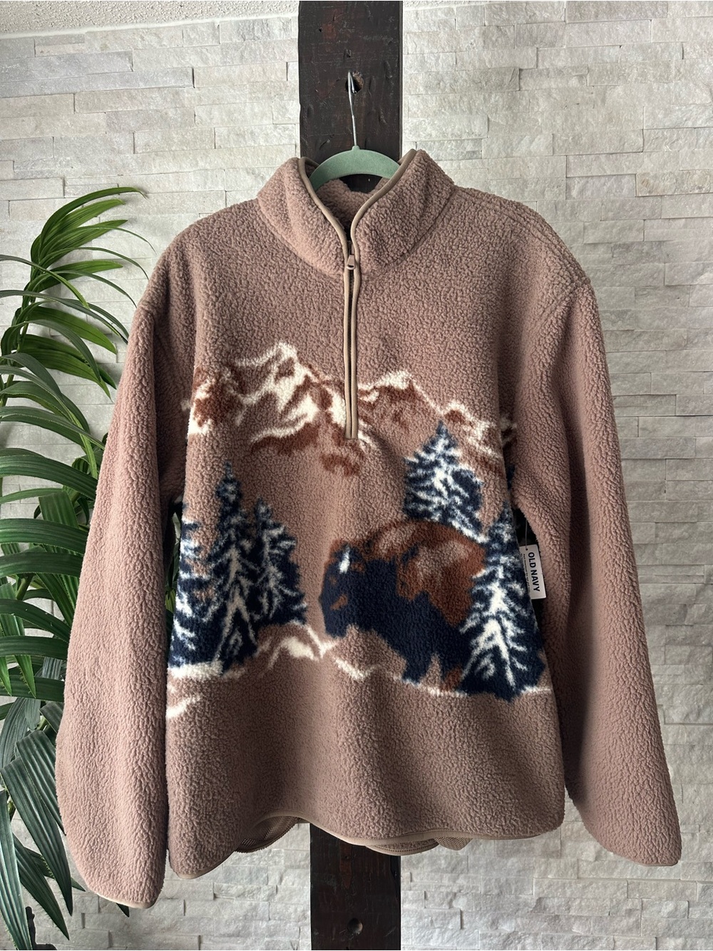 Old Navy 1/4 Zip Sherpa Pullover Mountain & Buffalo Motif Size XL New with Tags